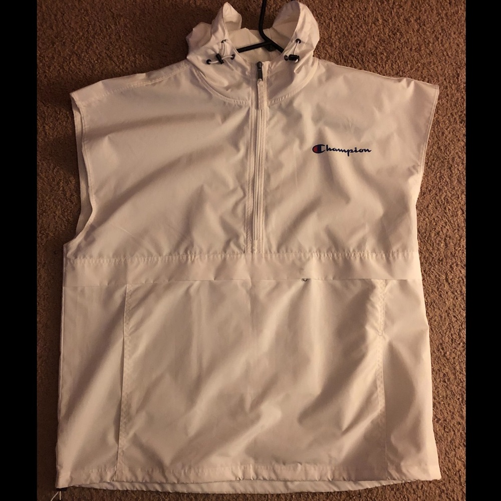 White Sleeveless Champion Vest With Hoodie